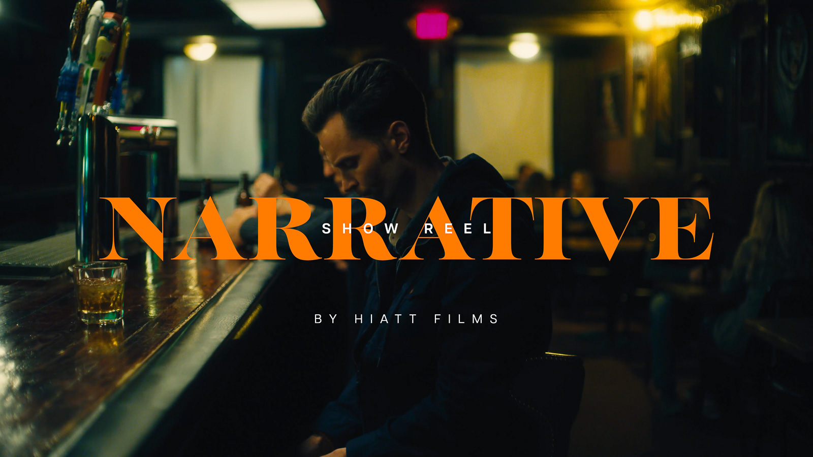 Narrative film show reel thumbnail showing a cinematic bar scene with dramatic lighting